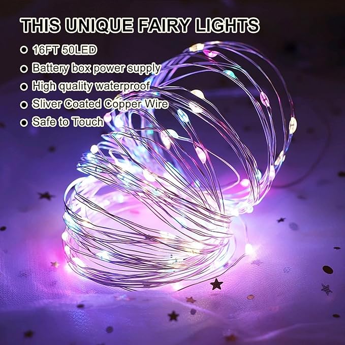 Multicolor Fairy Lights Battery Operated (Included), 8 Modes & Auto Timer, 16FT 50Led Mini Twinkle Silver Wire Firefly Starry Lights, Waterproof Battery Operated Lights for Mason Jars Wedding