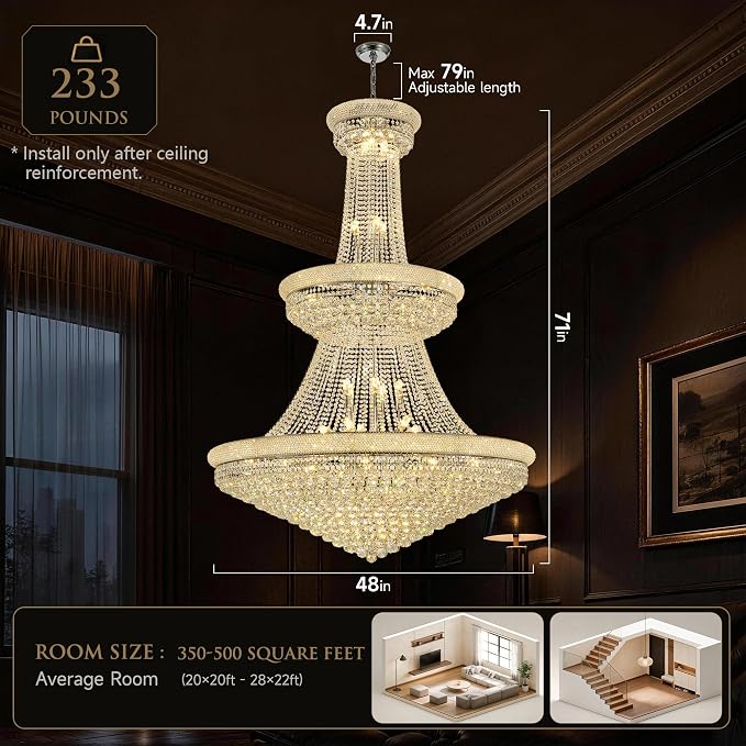 42-Lights Large Crystal Chandelier 48-Inch Modern Light Fixture - High Ceiling Foyer Lighting Fixtures Ceiling Empire Chandelier - Entryway, Dining Room, LED Chandelier 42 Bulbs Included, Silver