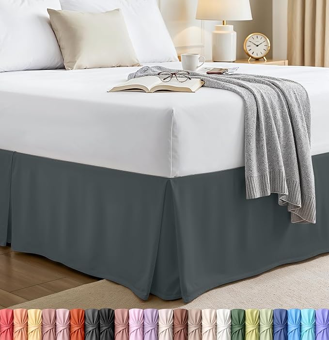 King Bed Skirt, Hides Under-Bed Storage 16 Inch Drop, Pleated, Grey | Easy Fit Design, Shrinkage & Fade Resistant, Hotel Style, Microfiber Durable Fabric, Machine Washable