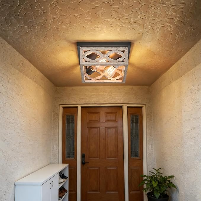 Farmhouse Flush Mount Ceiling Light, 10.5” Square Vintage Rustic Distressed White & Matte Black, MDF Shade Fixture for Livingroom, Bedroom, Kitchen, Hallway, Entryway, 2-Light E26
