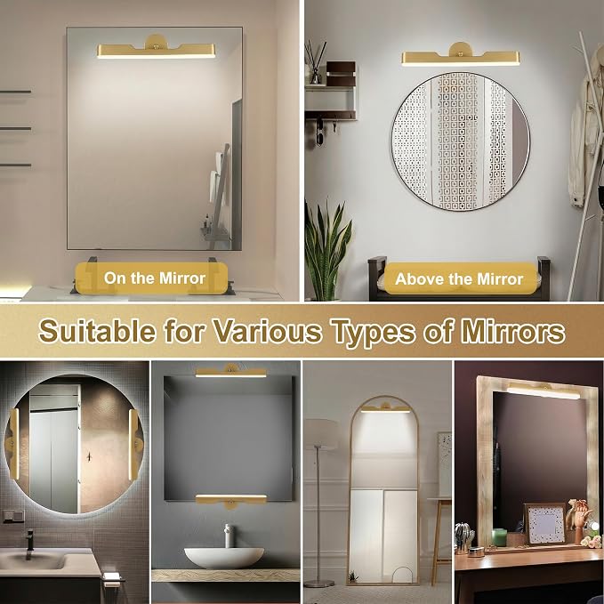 Benreom 2 Pack Wireless Vanity Lights for Mirror, Magnetic LED Bars, Gold | Rechargeable with Adjustable Color, Brightness and Angle for Makeup Mirrors, Bathrooms and Renter-Friendly Decor