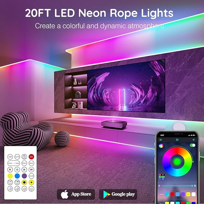 SINLEY Led Neon Rope Lights 20FT,Control with App/Remote,Flexible Led Rope Lights,Multiple Modes,IP68 Outdoor RGB Neon Lights Waterproof,Music Sync Gaming Led Strip Lights for Bedroom Indoor