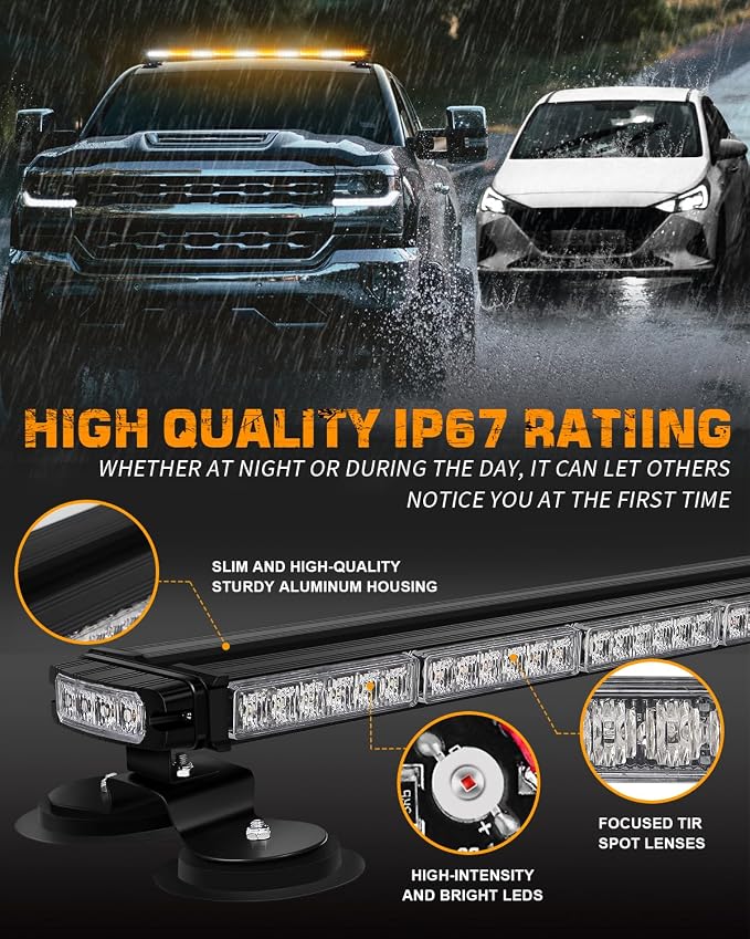 45.5" 128 LED Roof Strobe Light Bar Amber White Emergency Lights | Top Magnetic Double Side Traffic Advisor Warning Hazard Safety Caution Lights for Plow Trucks Construction Vehicles Wreckers
