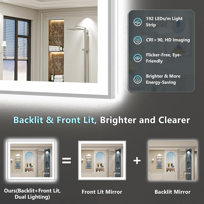 40x36 Inch Brushed Nickel LED Bathroom Mirror, Backlit & Front Lit | Silver Framed Anti-Fog Lighted Vanity Mirror with Lights, 3 Color Dimmable, Memory, HD Tempered Glass, CRI95, IP54, UL Listed