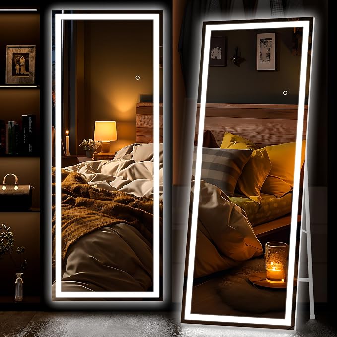 Hasipu Full Length Mirror with Lights, 67" x 20" LED Lighted Floor Standing, Full Body Dressing Hanging Mounted Mirror, Tempered Glass, Square White