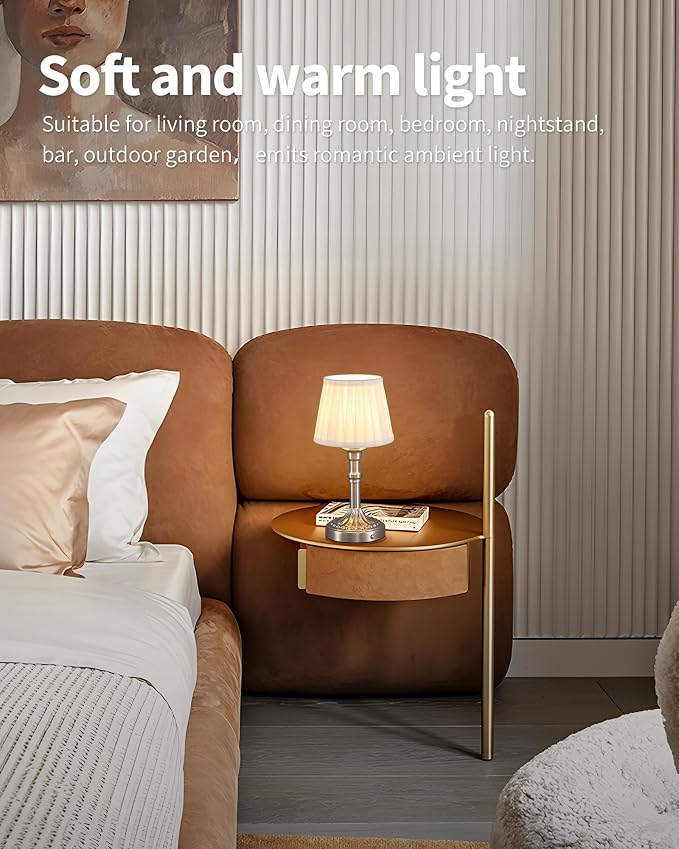 KDG Nickel Cordless Table Lamps Set of 2, Beige Fabric Shade Desk Lamp | Portables 4000mAh Battery Powered, Small LED Lighting, 2700K Stepless Dimmable, Light for Living Room, Dining Room, Bedroom