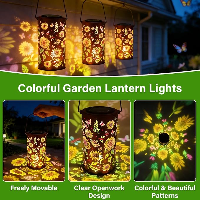 Colorful Solar Lanterns Outdoor Waterproof, Garden Decor Gifts for Women Mom Grandma - LED Colorful Sunflower Solar Powered Lights Metal Hanging Lantern for Outside Garden Patio Yard Lawn Porch Decor