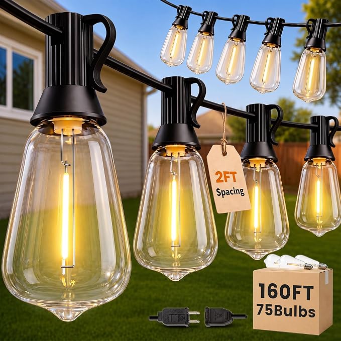 160FT(150+10) String Lights Outdoor, 2FT Bulb Spacing, Waterproof Shatterproof Warm White ST38 LED Edison Bulbs, Extension Cord, Plug in Connectable Hanging Patio Lights for Outside, Backyard