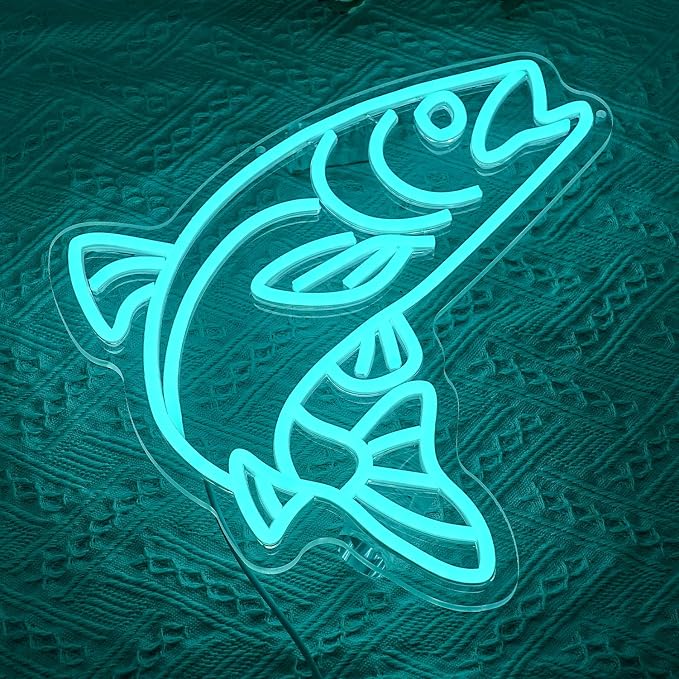 Fish Neon Sign for Wall Decor Blue Salmon Neon Light Fishing Neon Light Sign Ocean Led Light Sign for Fish Shop Bedroom Living Room Restaurant Office Kitchen Decoration