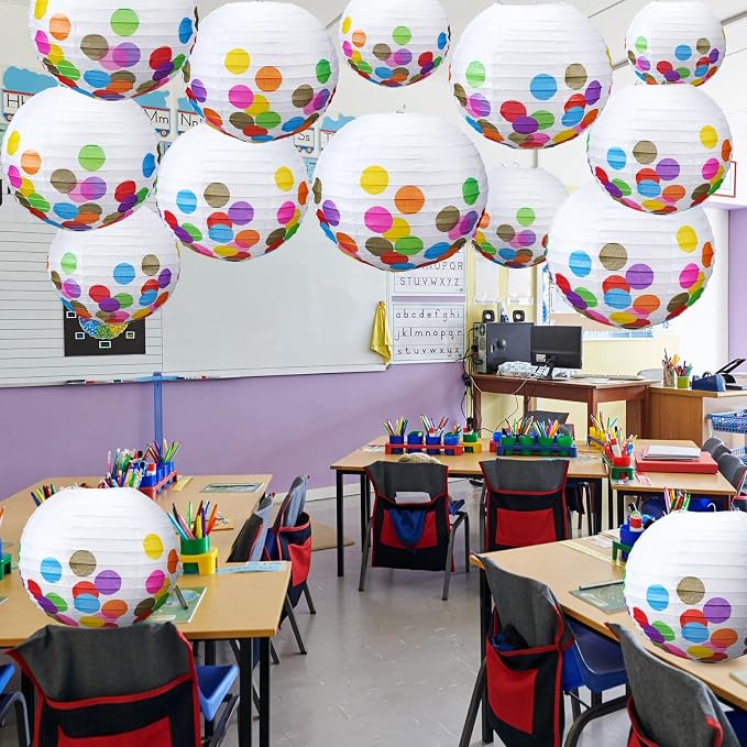 12 Pcs 10 Inch Hanging Paper Lanterns Party Decorations Pastel Classroom Decor for Birthday Back to School Party Decoration for Classrooms Wedding Birthday Ceilings(Classic Color,Dots)