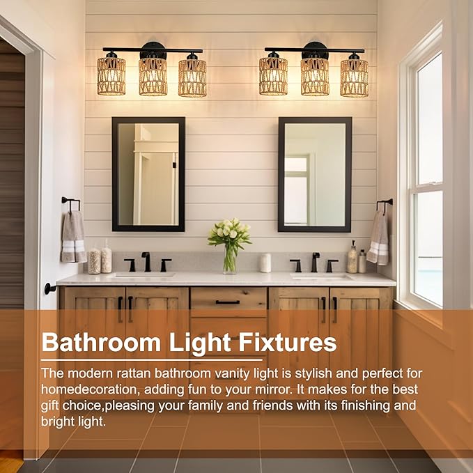 Frideko 3-Light Bathroom Vanity Light Fixtures, Modern Rattan Bathroom Lighting Fixtures Over Mirror, Boho Wall Sconces with Woven Lampshade, Black Wall Lamp for Farmhouse Living Room Bedroom