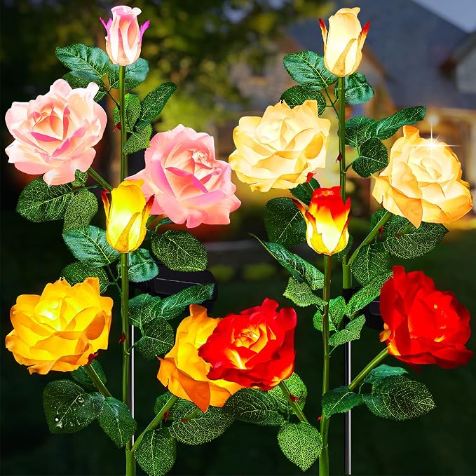 Brightown Solar Garden Lights, 4 Pack LED Rose Flower Lights Waterproof | Larger & Realistic Rose, Bigger Solar Panel, Waterproof Solar Lights Outdoor for Yard Garden Lawn Pathway Decorations