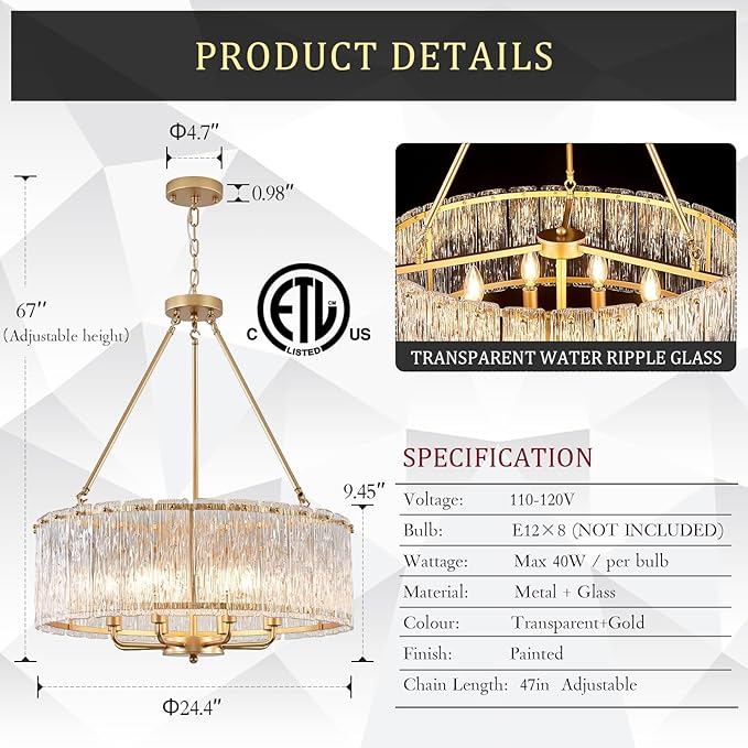 Gold Drum Chandelier 24.4" Modern Crystal Glass Chandeliers Luxury 8-Light Pendant Ceiling Chandelier Lighting for Dining Room Foyer Living Room Bedroom