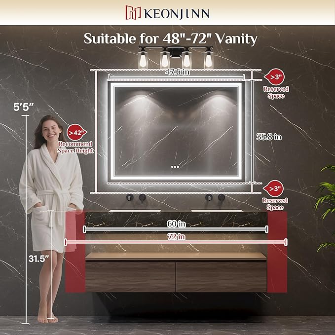 Keonjinn 48" x 36" Lighted Mirrors for Bathroom Wall with Bluetooth Speaker, Frontlit & Backlit LED Bathroom Mirror, Bluetooth Mirror Bathrooms, Tempered Glass, Safe Defogger, 3 Color Lights, Dimmable