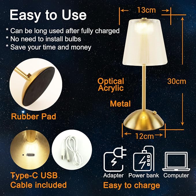 Cordless Table Lamp, 4000mAh Rechargeable Battery Operated Lamp, 3 Color Modes & Stepless Dimmable LED Touch Lamp, Portable Crystal Metal Beside Lamps for Bedroom Restaurant Outdoor(Black) | 2000mAh Battery Operated, 3 Color Modes, Dimmable LED Touch B...