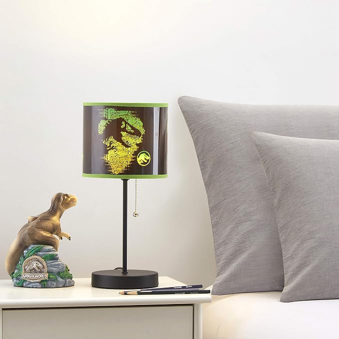 Jurassic World Stick Table Kids Lamp, with Pull Chain, Themed Printed Decorative Shade,Metal