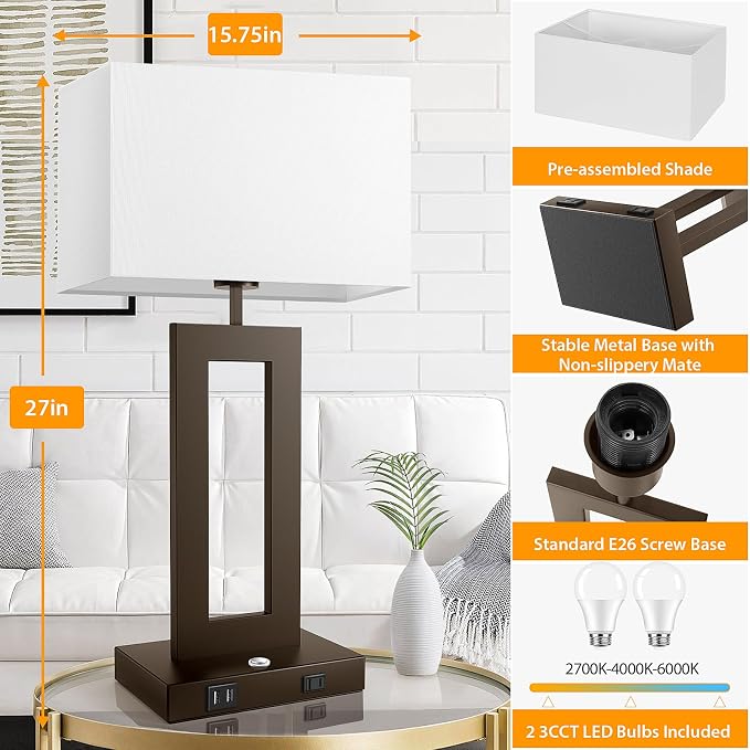 27.2’’ Tall Brown Table Lamps for Living Room Bedroom, Bedside Touch Control Lamps with 2 USB Ports&AC Outlet, 3 Color Temp.&Stepless Dimming Desk Lamp Sets for Home Office, Pre-assembled White Shade