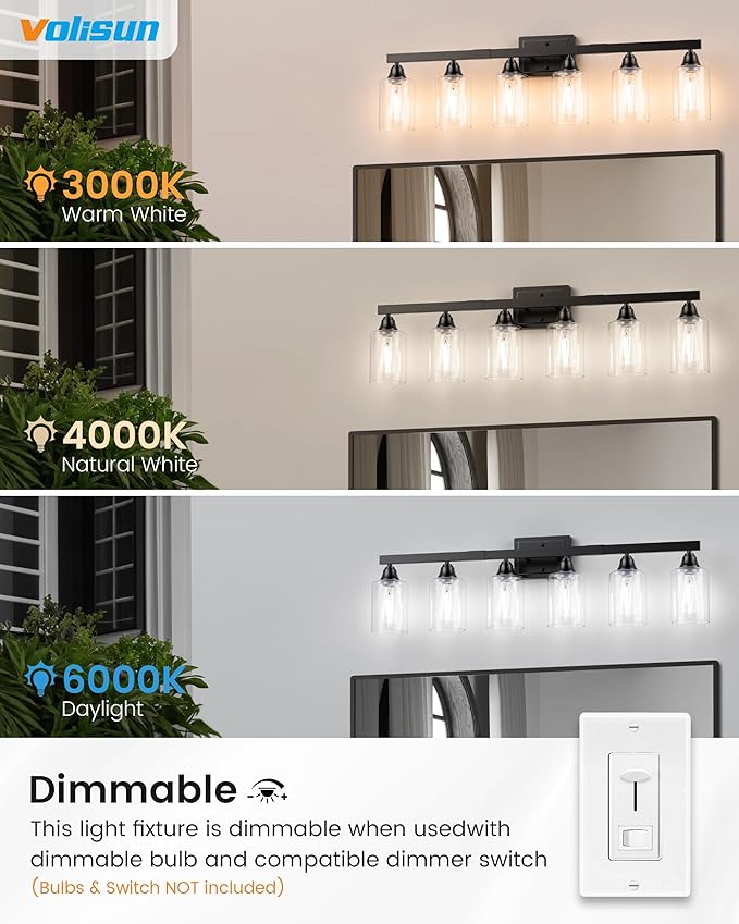 VOLISUN Matte Black Bathroom Light Fixtures, 6-Light Bathroom Vanity Light Over Mirror, Modern Vanity Lights for Bathrooms, Bathrooms Lights Fixtures Over Mirror with Clear Glass Shades