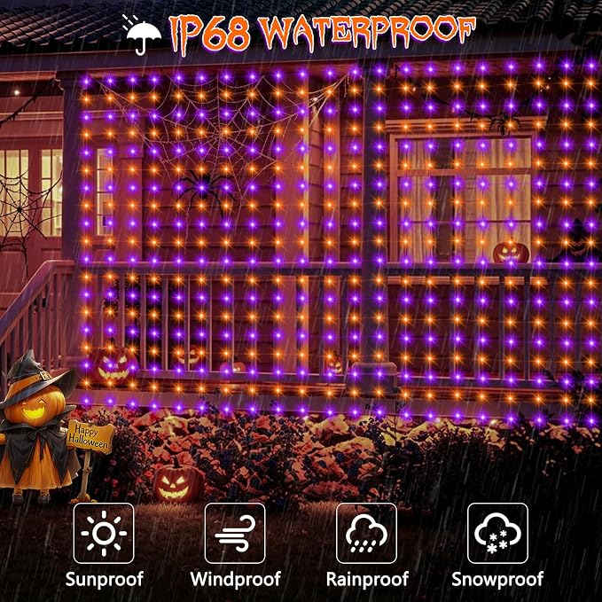 echosari Halloween Curtain Lights Battery Operated 9.8 x 9.8Ft | 300 LED Twinkle Lights Timer for Bedroom Wedding Backdrop Decor Orange & Purple