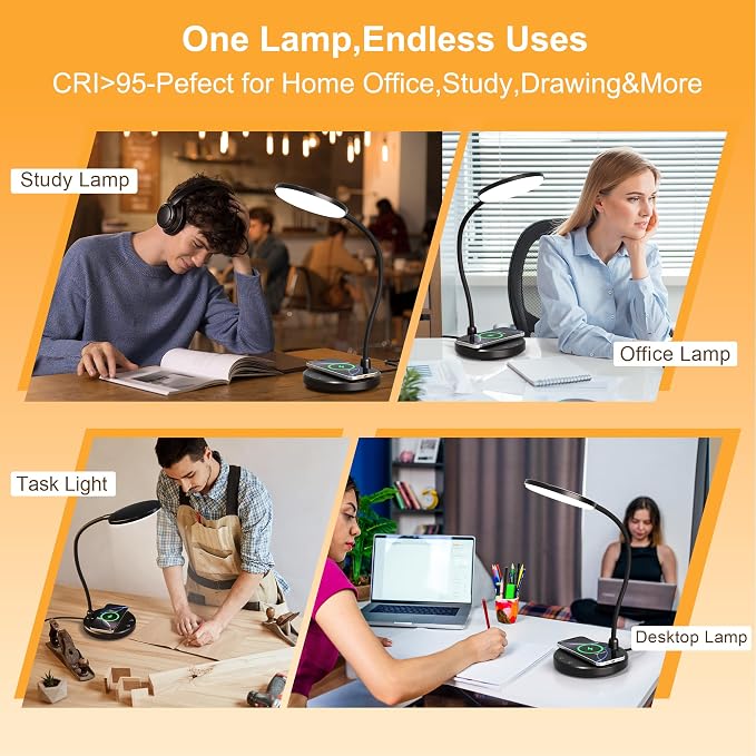 10W Wireless Charger Desk Lamps, Home Office, 800LM CRI95+,Black | Eye-Caring Led Desk Lamp with 3 Color Change, Dimmable, Adjustable Arm Table Lamp for Bedside, College Dorm, with Adapter