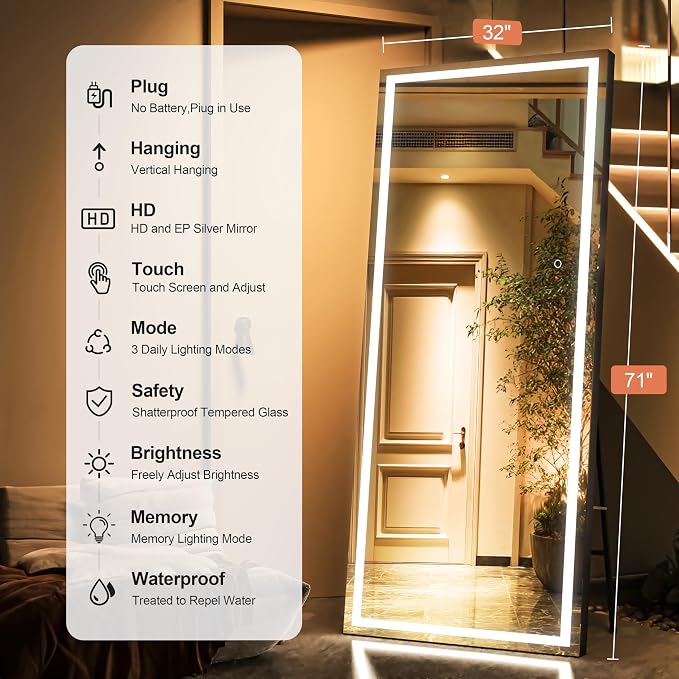 71" x 32" Full Length Mirror with Lights, LED Lighted Floor Standing Body Mirror, Dimmable & 3 Color Lighting for Bedroom, Cloakroom, Dressing Room, Tempered Glass, Black Frame