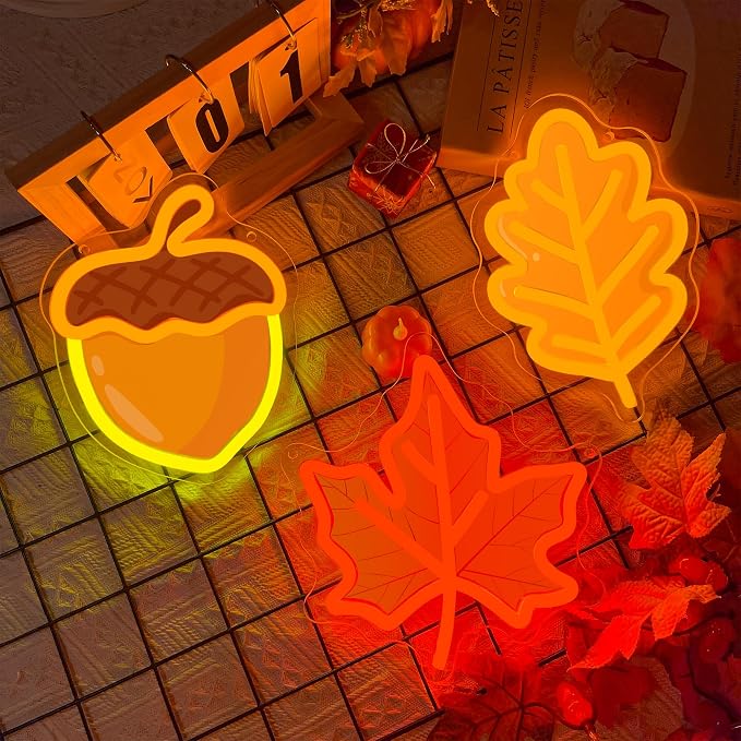 3Pcs Fall Thanksgiving Neon Signs UV-Printed Maple Leaf Acorn Led Neon Sign | USB UV-Printed Autumn Neon Light Up Sign for Mantel Porch Kitchen Wall Decor Harvest Party Thanksgiving Present