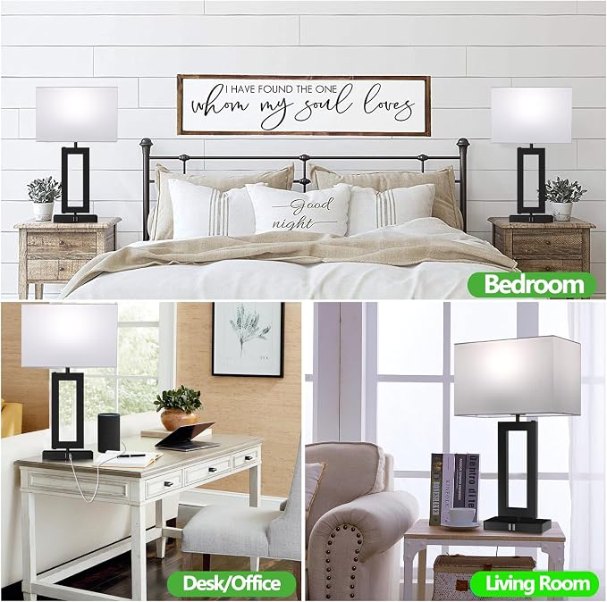 MoMyofdy White& Black Table Lamp Set of 2 Touch Control Lamps 3-Way Dimmable Bedroom Bedside Nightstand Lamps w/USB Ports Modern Table Lamp for Living Room End Table Office, 22’’ Tall, Daylight