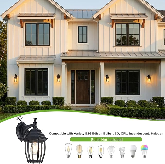 Outdoor Wall Light Fixture, Rustproof Aluminum, Glass | Dusk to Dawn Large Exterior Porch Light Wall Sconce Lantern for House, Patio, Garage, Waterproof, E26 Socket 60W Max, Black