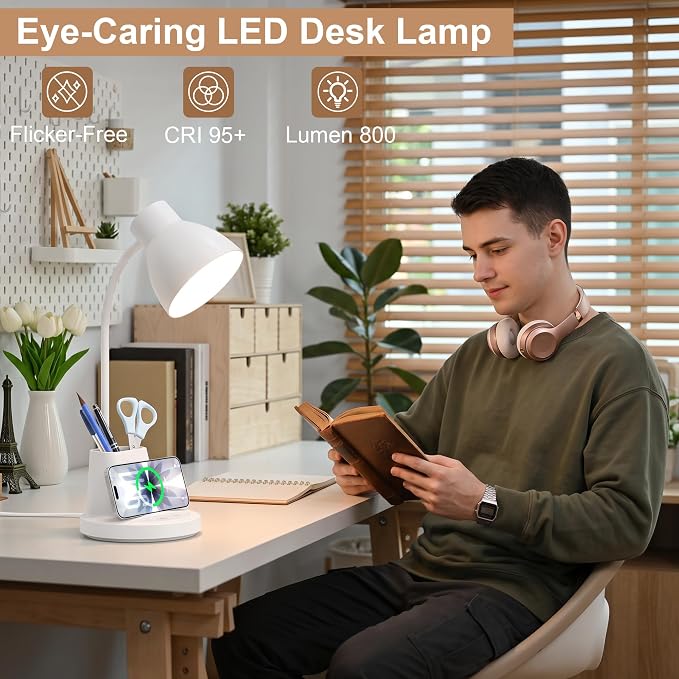 10W Wireless Charging LED Desk Lamp with Pen Holder, CRI 95, White | 800LM, 3 Modes, 360°Flexible Arm, Touch, Brightness, Table Lamp for Home Office, Dorm, Bedside, Study, Reading, with Adapter