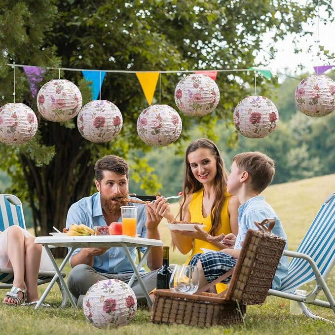 Honoson 12 Pcs Rose Paper Lanterns Tea Party Decorations Spring Floral Rose Flower Birthday Party Decorations 10 Inch Hanging Round Paper Lanterns for Wedding Bridal Shower Baby Shower