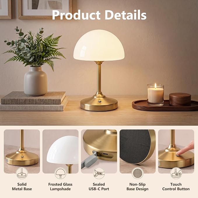 Table Lamp Cordless Lamp,5000mAh Rechargeble Battery Operated Lamp | Small Bedside Desk Lamp 11.02" with Glass Shade 3-Way Dimmable Portable LED Table Light,for Outdoor,Dinner,Patio(Gold)