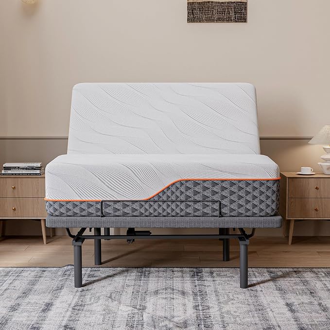 ESHINE 14" Hybrid Mattress Queen(Medium Soft) + Adjustable Bed Frame - Luxury Gel Memory Foam, Upholstered Bed Frames with Massage, USB, Under Bed Night Light, Head and Foot Incline, Queen