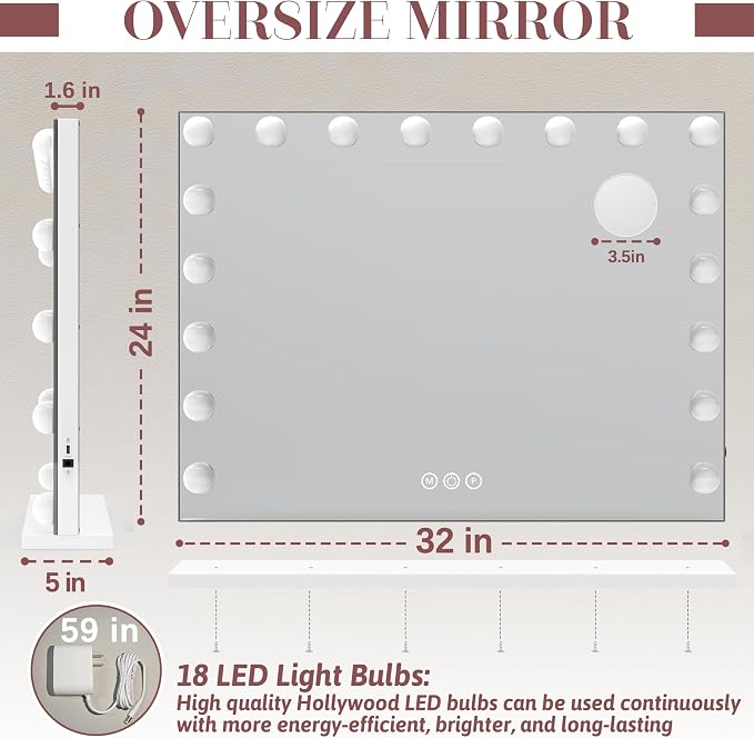 ROLOVE 32"x24" Hollywood Vanity Mirror with Lights, 15 Dimmable LED Bulbs, 3 Color Modes, 10X Magnification, USB Charging Port, Tabletop or Wall-Mounted