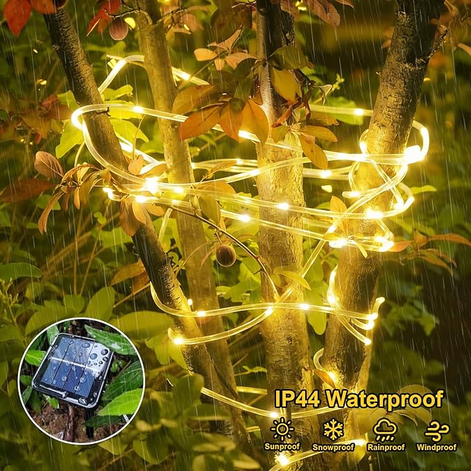 QITONG Warm White Solar Rope Lights, 2 Pack Each 33ft 100 LED String Light Outdoor, 8 Modes Fairy Lights in Clear Thin Tube