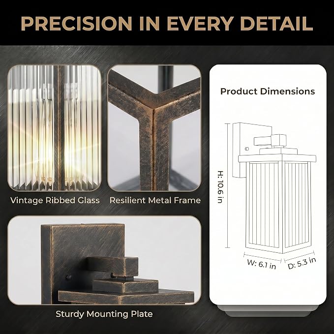 2 Pack Black Brush Gold Porch Light, Waterproof Outdoor Wall Light | Corrosion-Resistant Metal, Waterproof, Textured Glass Cuts Glare, Easy DIY Install on Porch, Garage