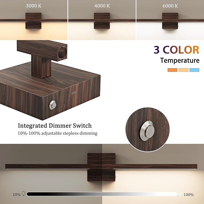 Rayogale Walnut Battery Operated Wall Sconce with Remote Control 36 Inch | 3000/4500/6000K Dimmable 8000mAh Wireless Rechargeable Wall Sconces Set of Two with Timer for Living Room, Bedroom, TV