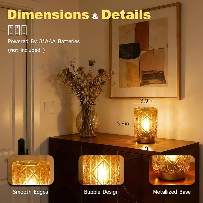 ULAROOM 2 Pack Battery Operated Decorative Lamp,Amber | Cordless Samll Battery Accent Lamp with Timer for Bedside,Warm White Cozy Ambient Table Lamps for Shelf/Entryway/Table Decor