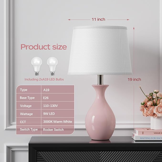 Table Lamp Set of 2, Modern Ceramic Bedside Lamps for Night Stands, Classic Small Lamp Nightstand Lamp for Bedroom Living Room Desk End Table Rocker Swtich Pink