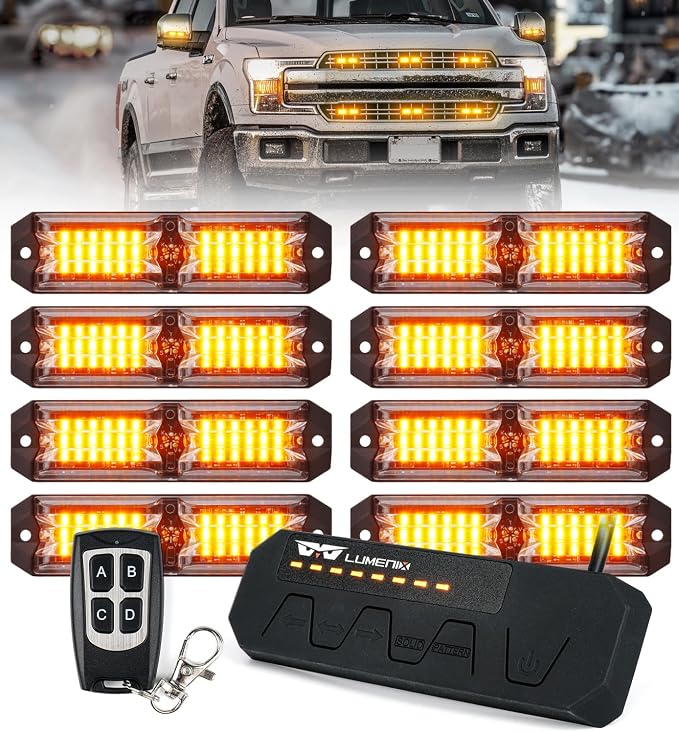 LUMENIX Grille Strobe Lights Kits for Trucks w/Controller, 8PCs High-Intensity LED Deck | Surface Mount Emergency Construction Vehicles Snowplow Side Marker Flashing Warning Light Assemblies - Amber