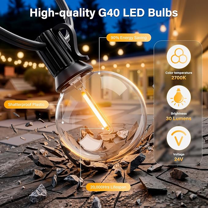 30FT Outdoor String Lights with Remote, Waterproof Connectable Dimmable G40 Patio Lights with 12+1 Shatterproof Edison LED Bulbs Plug in, Hanging Light for Outside Backyard Deck Garage Decor