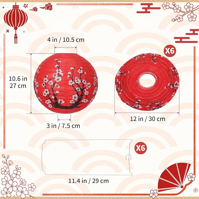 6 Pcs Red Paper Lanterns Decorative 10x12 Inch, ZUEXT Cherry Blossom Hanging Round Chinese/Japanese Lantern for Festival Theme Birthday Party Wedding Home Yard Japanese Eateries Decor Oriental Style