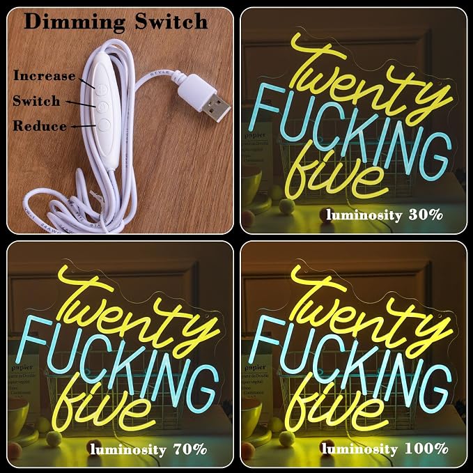 Twenty Fucking Five Neon Light Sign Blue Yellow 25 Years Old LED Celebrate 50th Men and Women Birthday Party Happy Twenty Five Best Age New Young Life for Party Wall Decor