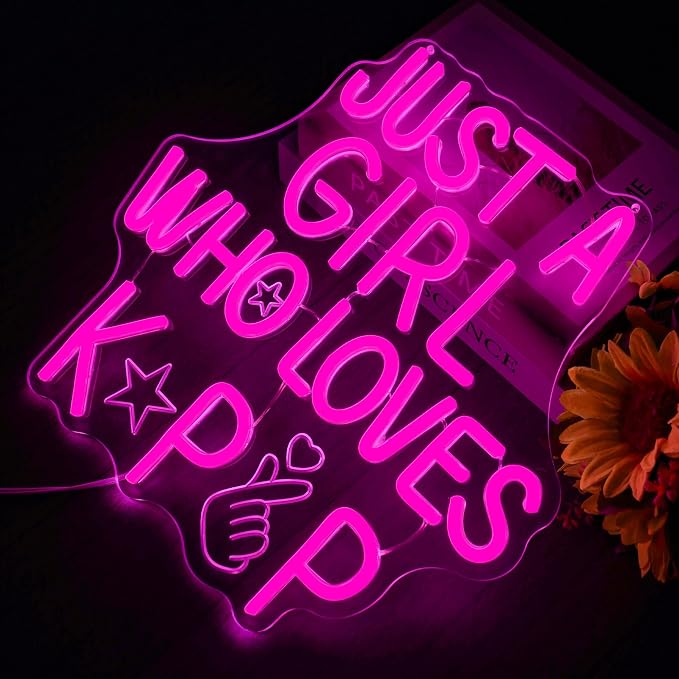 Kpop Neon Sign - Just a Girl Who Loves Kpop LED Light Dimmable USB Powered Neon Lights for Girls Room Decor, Teen Bedroom Aesthetic, Kpop Fan Gift, Korean Music Wall Art, Dorm Decor(12.7 * 12.4inch)