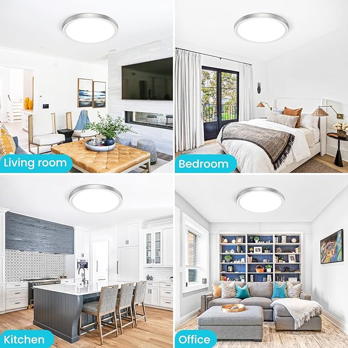 libtit 12 inch Flush Mount LED Ceiling Light Fixture, 3000K 4000K 6500K Adjustable, 28W 3200lm Brushed Nickel Satin Round Lighting Fixtures for Bathroom Shower Hallway Kitchen, 6 Pack