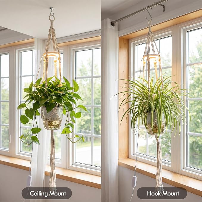 2 Pack Hanging Plant Grow Lights for Indoor Plants with Timer, Wall Mounted Full Spectrum Pendant Growing Light with Macrame Plant Hanger, Ceiling LED Planta Luz for Potted Plants Home Decor