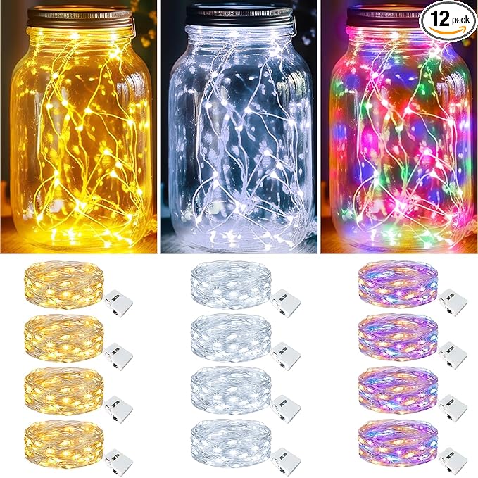 kolpop 12 Pack LED Fairy Lights Battery Operated, 7FT 20 LED Mini Twinkle String Lights Battery Powered Waterproof for Christmas Mason Jars Party (Cool&Warm&Multicolor)