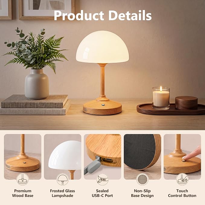 Table Lamp Cordless Lamp,5000mAh Rechargeble Battery Operated Lamp | Small Bedside Desk Lamp 11.02" with Glass Shade 3-Way Dimmable Portable LED Table Light,for Outdoor,Dinner,Patio(Wood Grain)