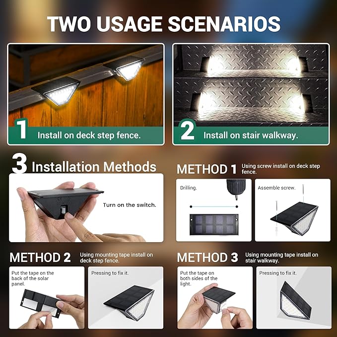6 Pack Solar Step Lights for Outside, 24 LEDs Solar Stair Lights Waterproof IP65, Solar Deck Lights Outdoor Decor for Garden, Porch, Pathway, Patio, Fence(Cold White)