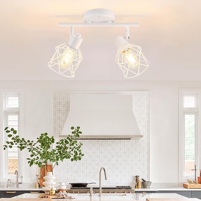 Baocuz 2-Lights White Kitchen Track Lighting, Adjustable Multi-Directional Ceiling Light Fixtures, Rotatable Farmhouse Light Fixtures Mount with Metal Cage for Dining Room, Living Room, Bedroom