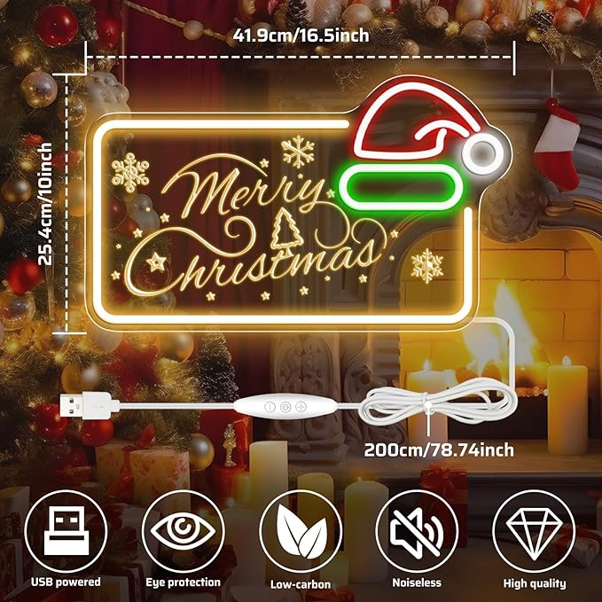 16.5 x 10’’ Merry Christmas Neon Sign, Carving LED Sign with Santa Hat, USB Powered Dimmable Switch for Xmas Party Kids Bedroom Bar Pub Club-Christmas Gift Decorations